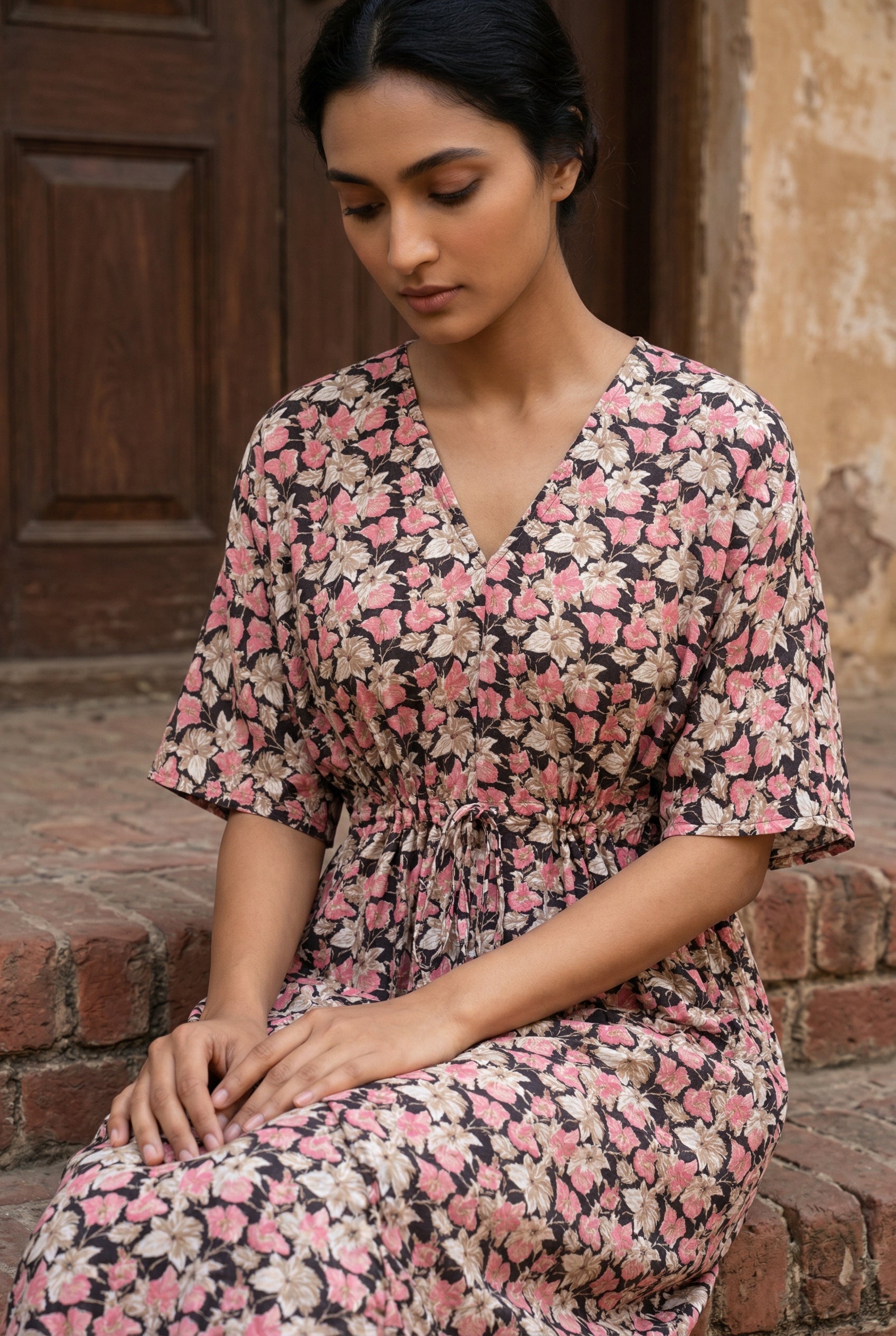 Black V-Neck Floral Print Pure Cotton Nightdress For Women