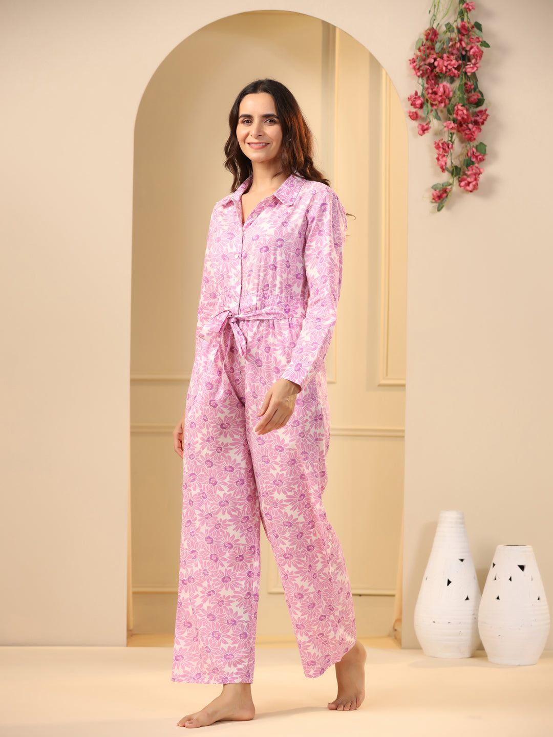Pink floral Pure Cotton Jumpsuit - SanskrutiHomes 