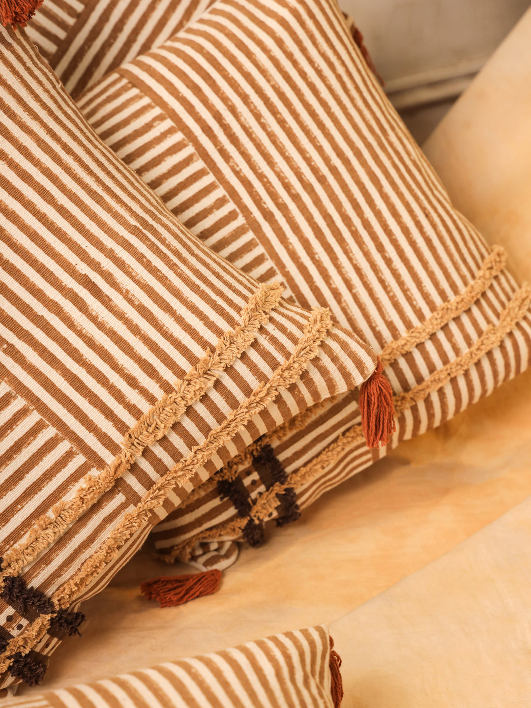 Cotton Brown Colour Striped Cushion Covers