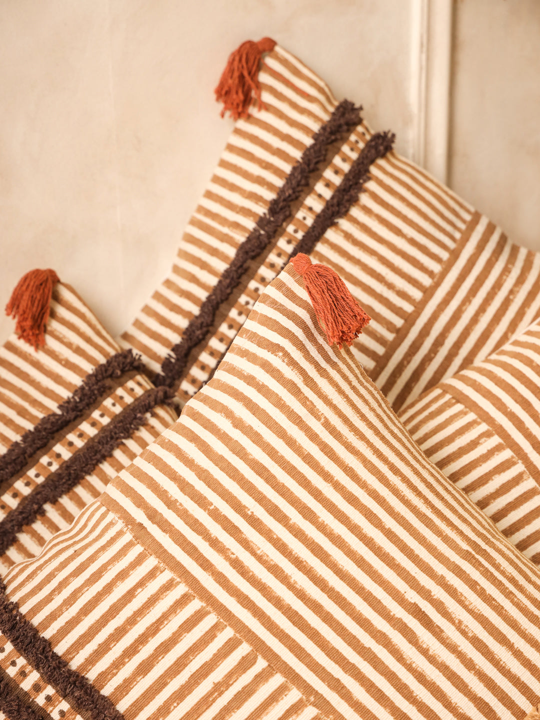 Cotton Brown Colour Striped Cushion Covers