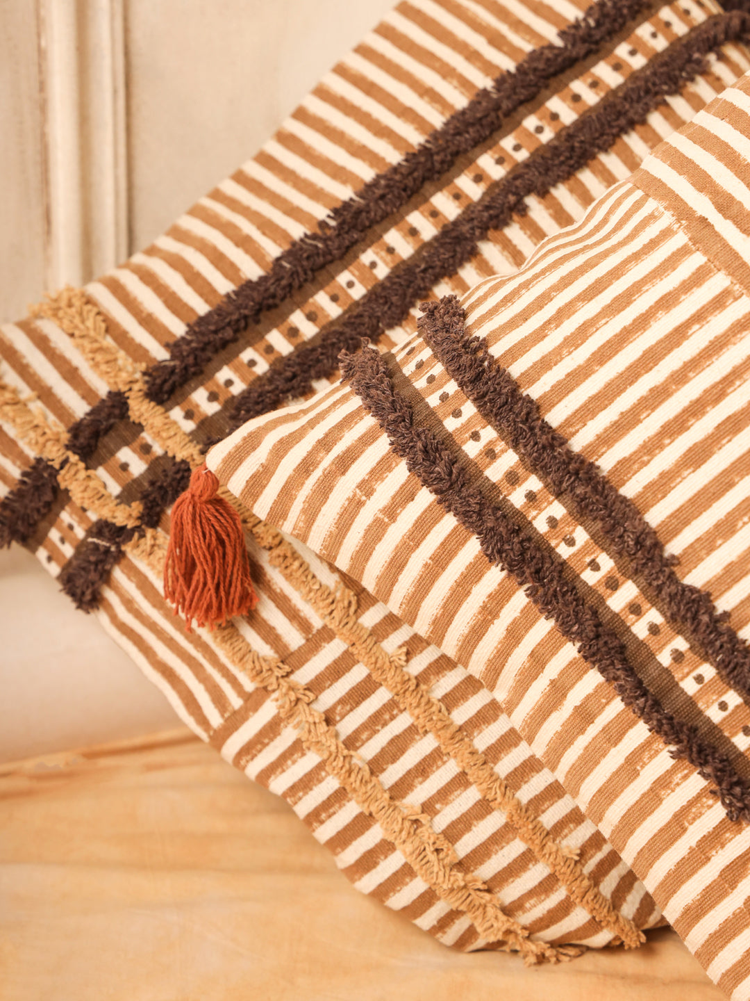 Cotton Brown Colour Striped Cushion Covers