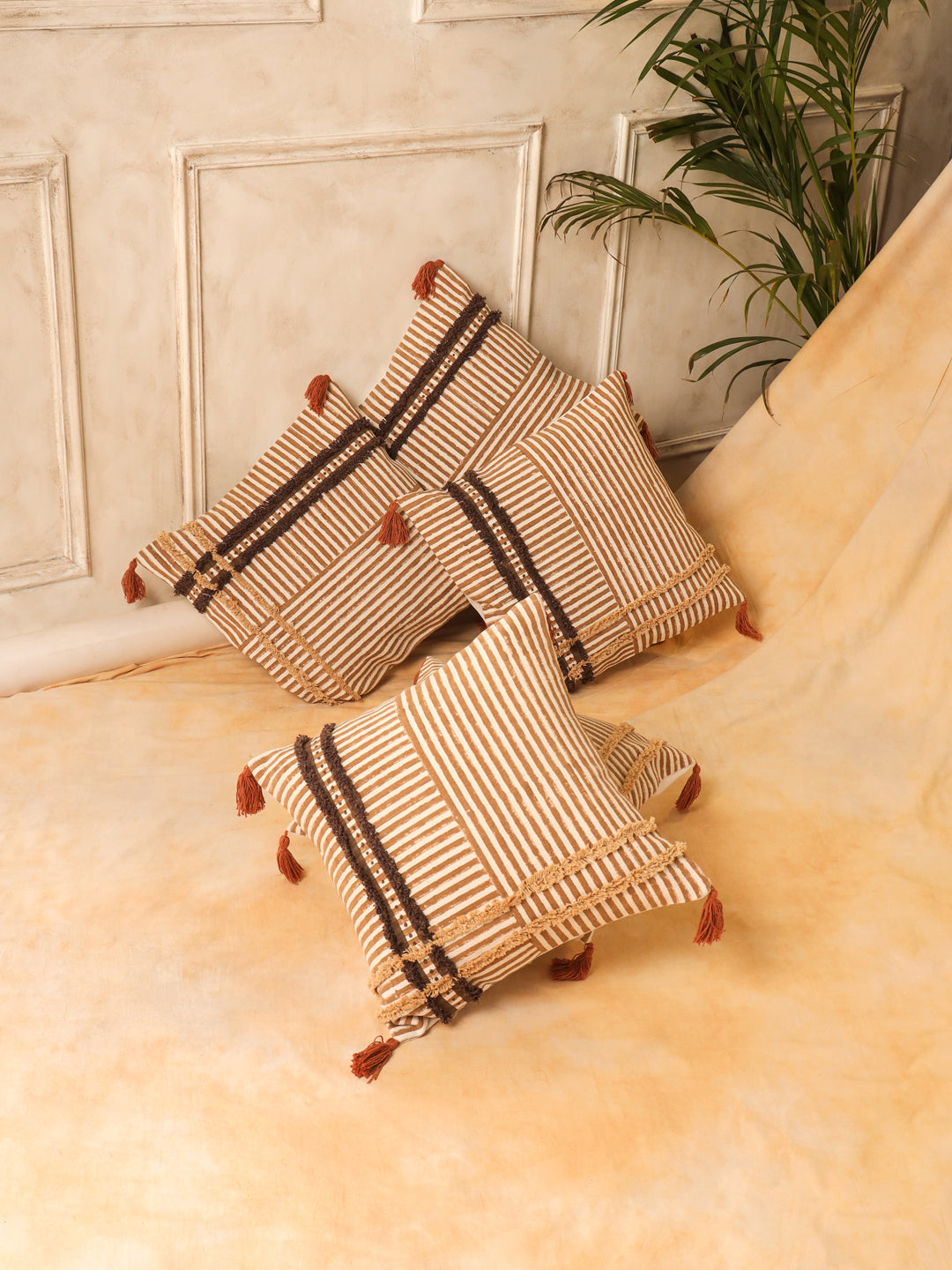 Cotton Brown Colour Striped Cushion Covers