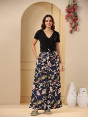 Navy Blue & White Floral Printed Flared Cotton Palazzos