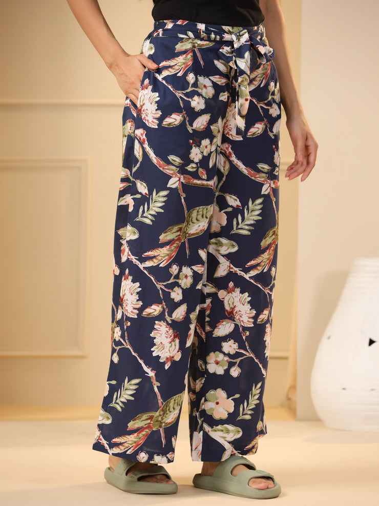 Navy Blue & White Floral Printed Flared Cotton Palazzos