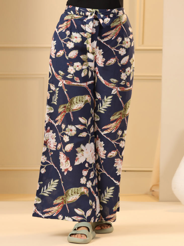 Navy Blue & White Floral Printed Flared Cotton Palazzos