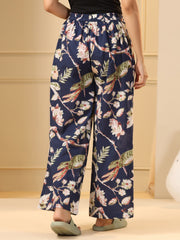 Navy Blue & White Floral Printed Flared Cotton Palazzos
