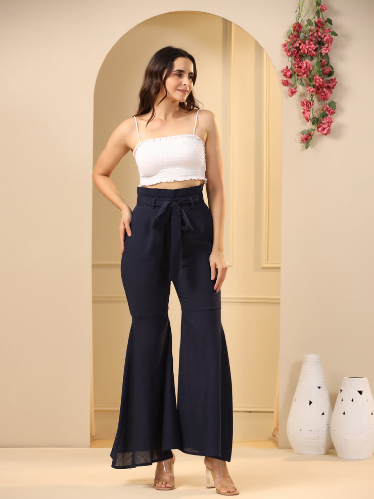 Navy Blue Flared Pure Cotton Trousers