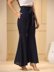 Navy Blue Flared Pure Cotton Trousers