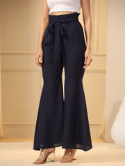 Navy Blue Flared Pure Cotton Trousers