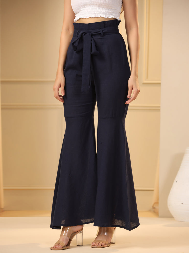 Navy Blue Flared Pure Cotton Trousers