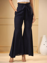 Navy Blue Flared Pure Cotton Trousers