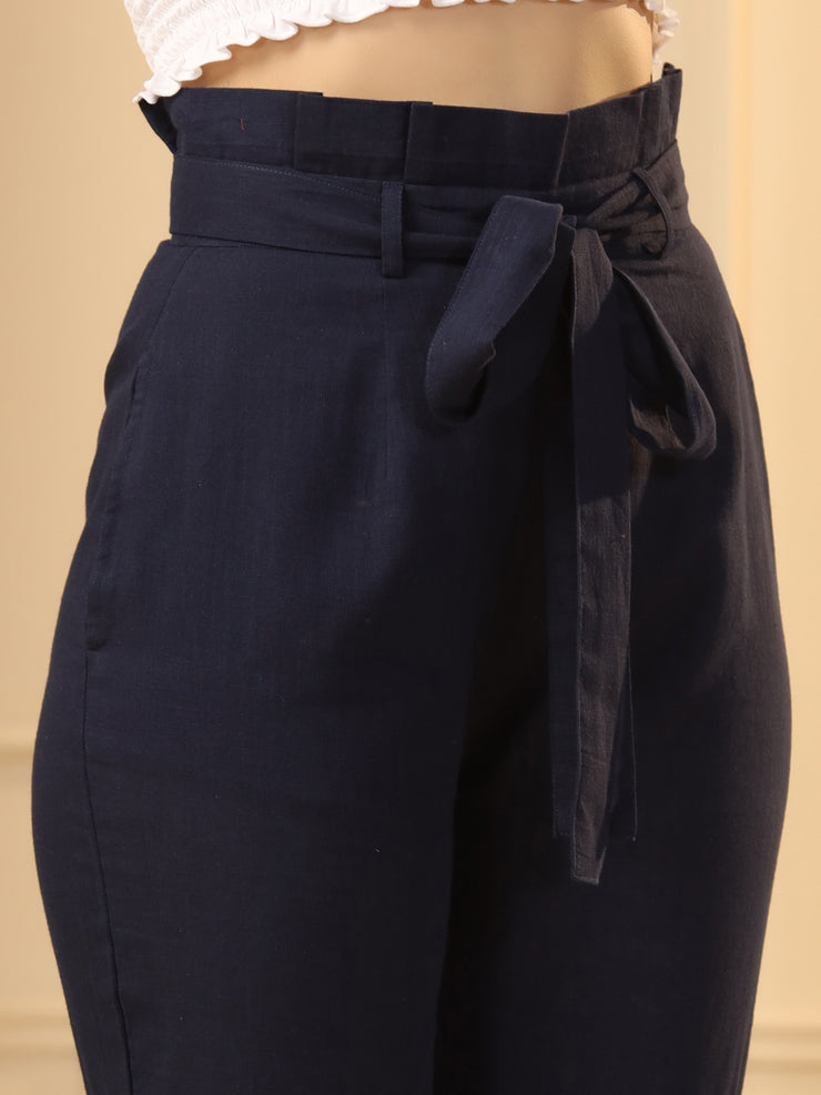 Navy Blue Flared Pure Cotton Trousers