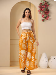 Mustard Yellow & White Floral Printed Flared Cotton Palazzos