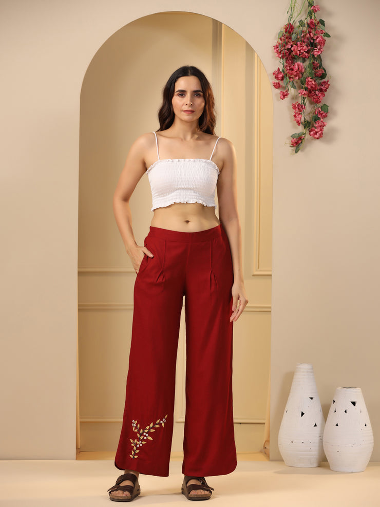 Maroon Floral Printed Straight Fit Parallel Trousers