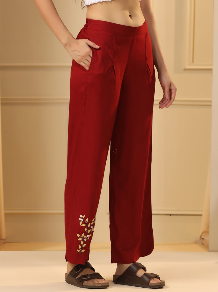 Maroon Floral Printed Straight Fit Parallel Trousers