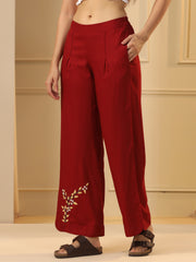 Maroon Floral Printed Straight Fit Parallel Trousers