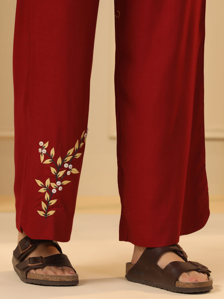 Maroon Floral Printed Straight Fit Parallel Trousers