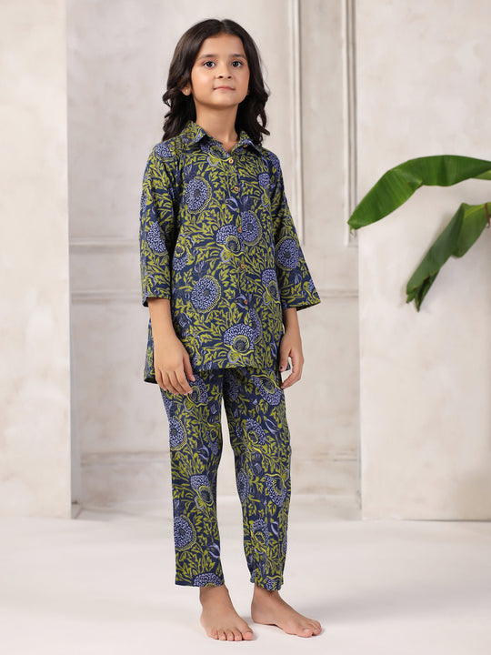 Floral Printed Cotton Night Suit Set for Kids