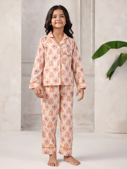 Pink Flower Printed Cotton Night Suit Set for Kids
