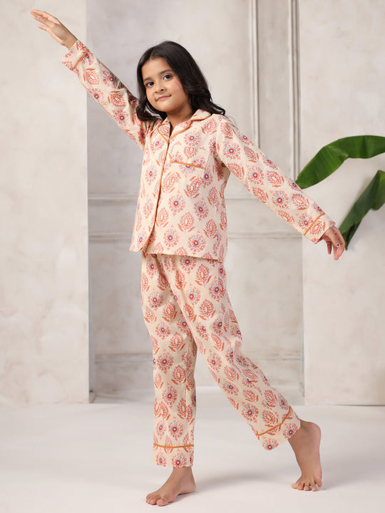 Pink Flower Printed Cotton Night Suit Set for Kids