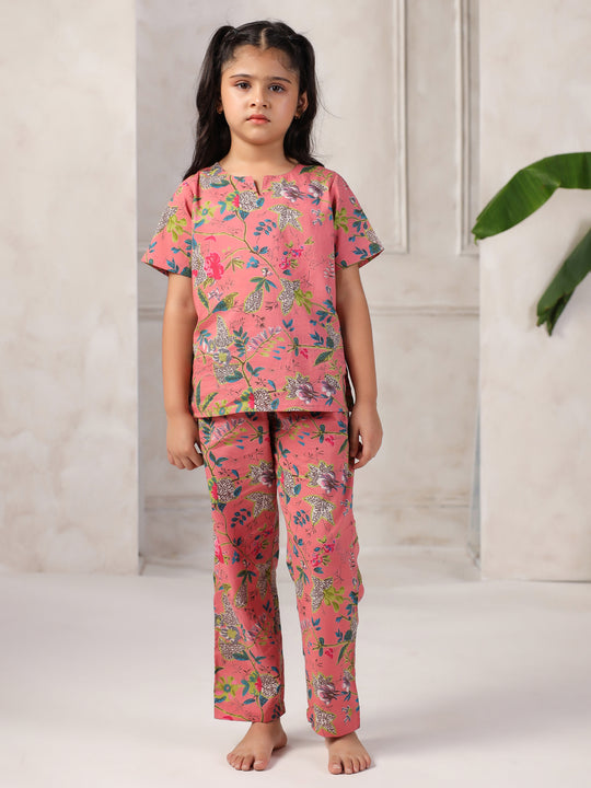 Floral Printed Cotton Night Suit Set for Kids