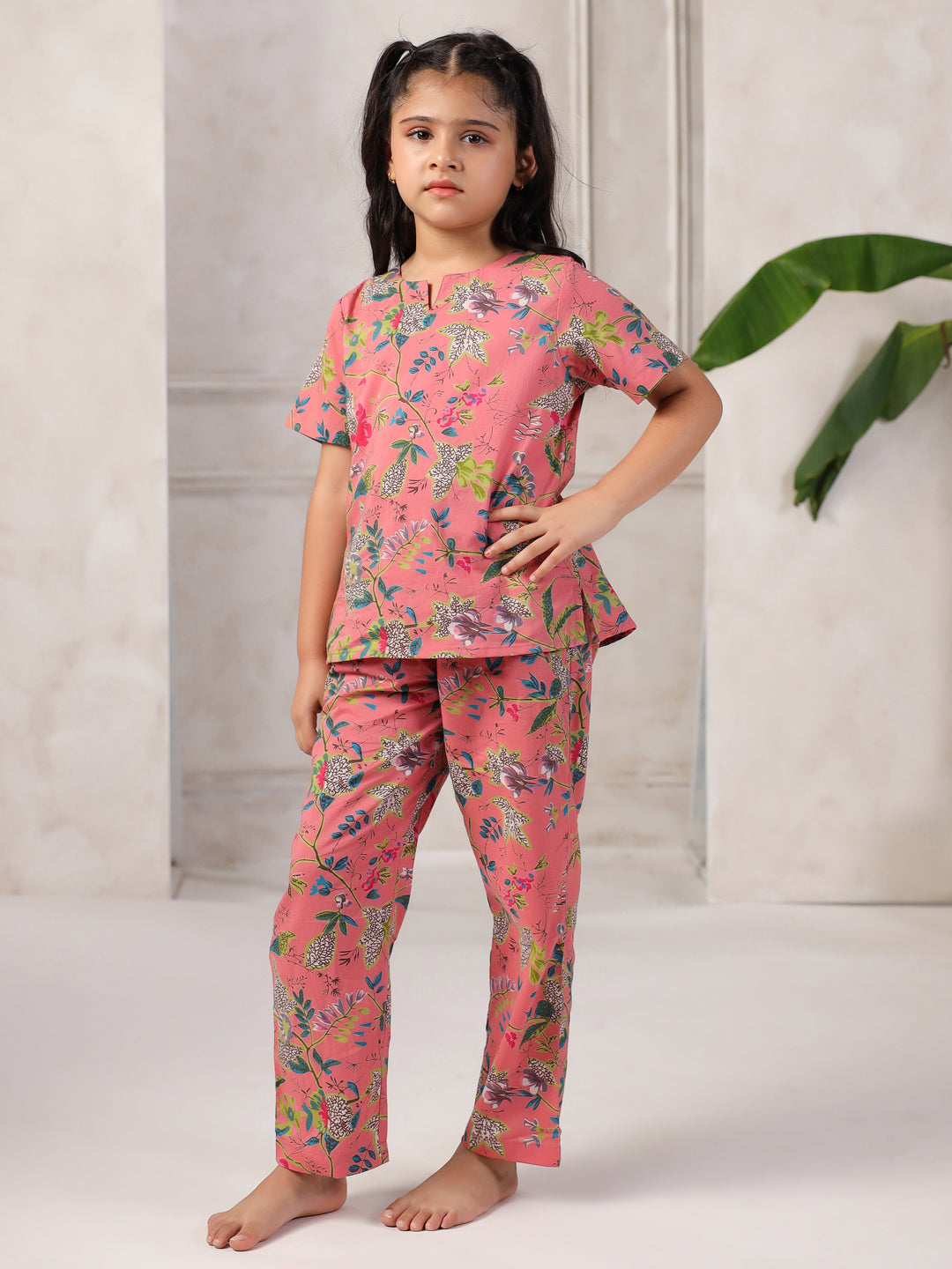 Floral Printed Cotton Night Suit Set for Kids