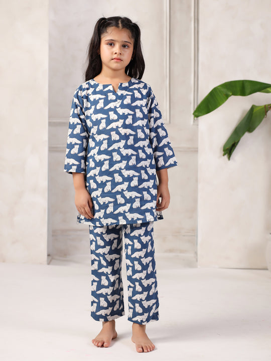 Blue Cotton Round Neck Night Suit for Kids