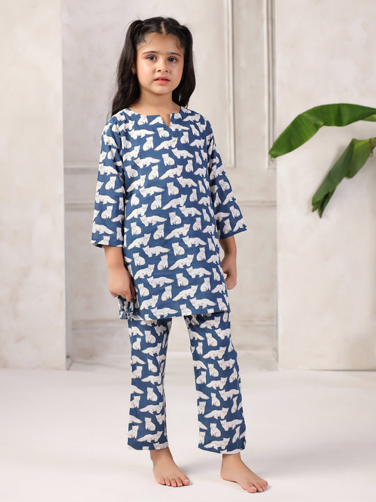 Blue Cotton Round Neck Night Suit for Kids