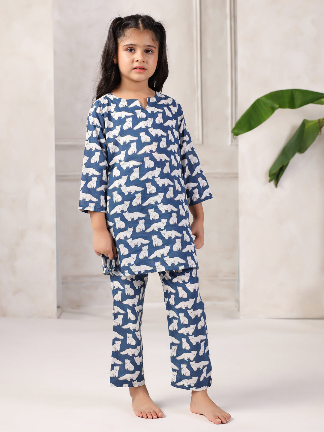 Blue Cotton Round Neck Night Suit for Kids - SanskrutiHomes 