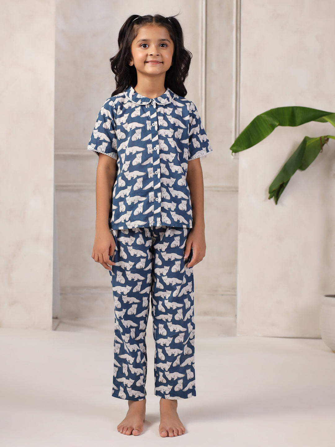 Blue Cotton Printed Night Suit for Kids