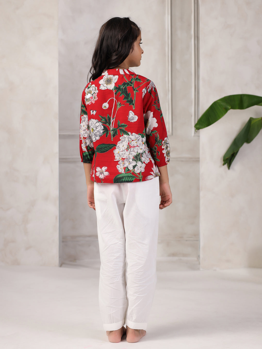 Red Printed Cotton Night Suit Set For Kids