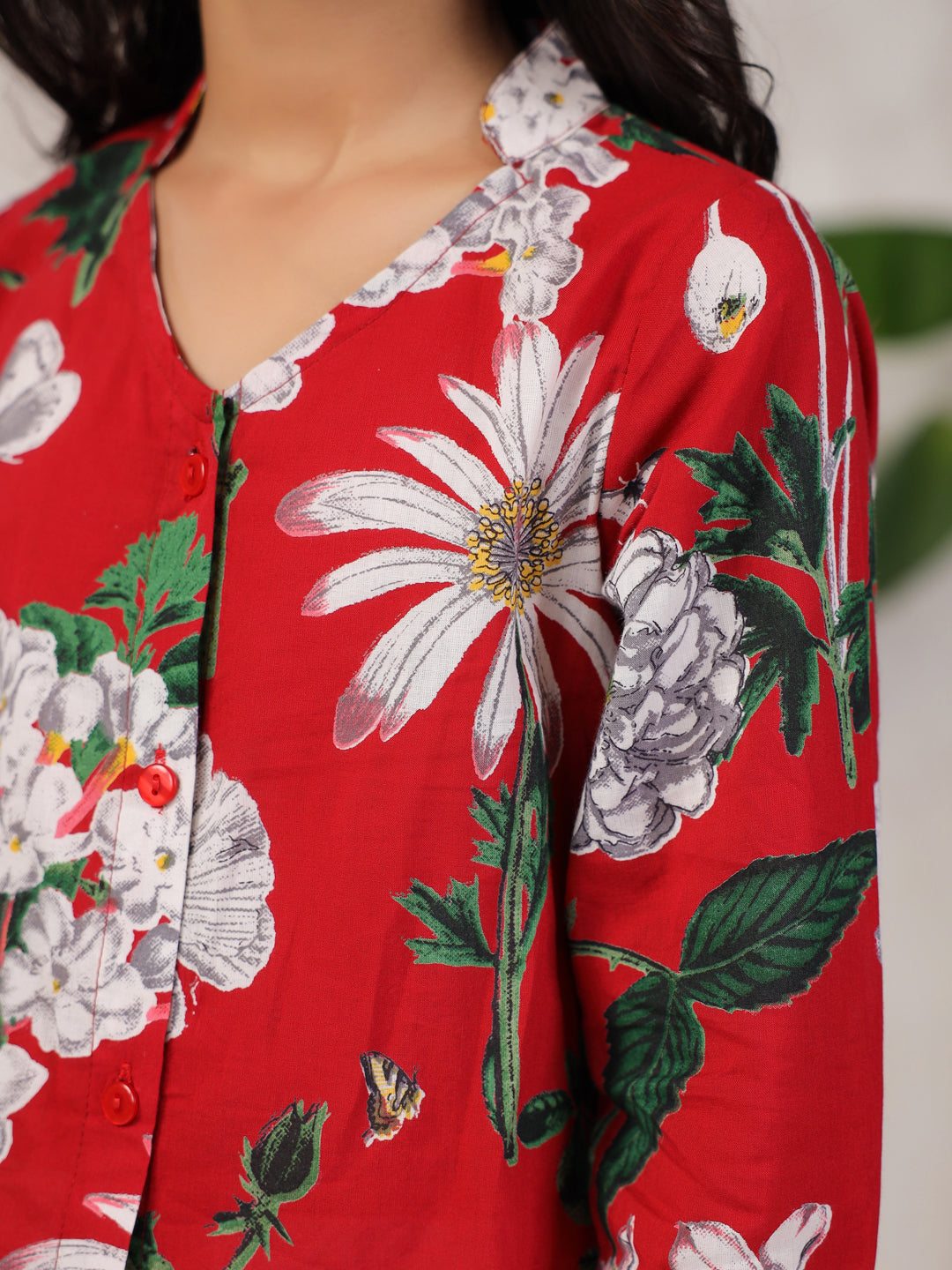 Red Printed Cotton Night Suit Set For Kids