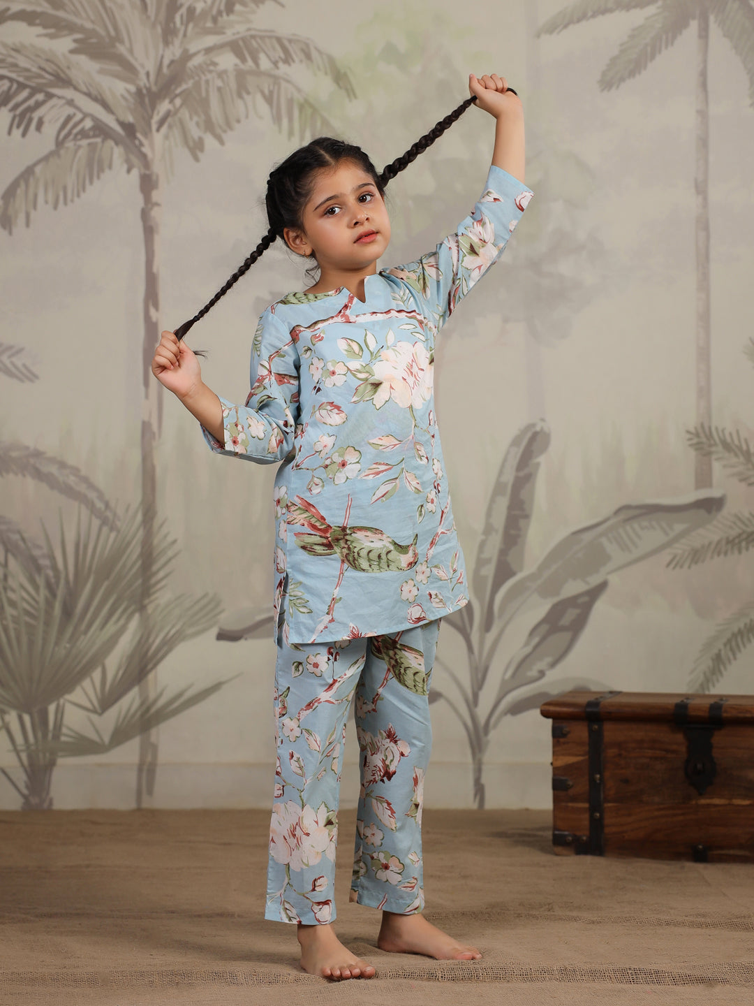Blue Floral Printed Cotton Night Suit for Kids - SanskrutiHomes 