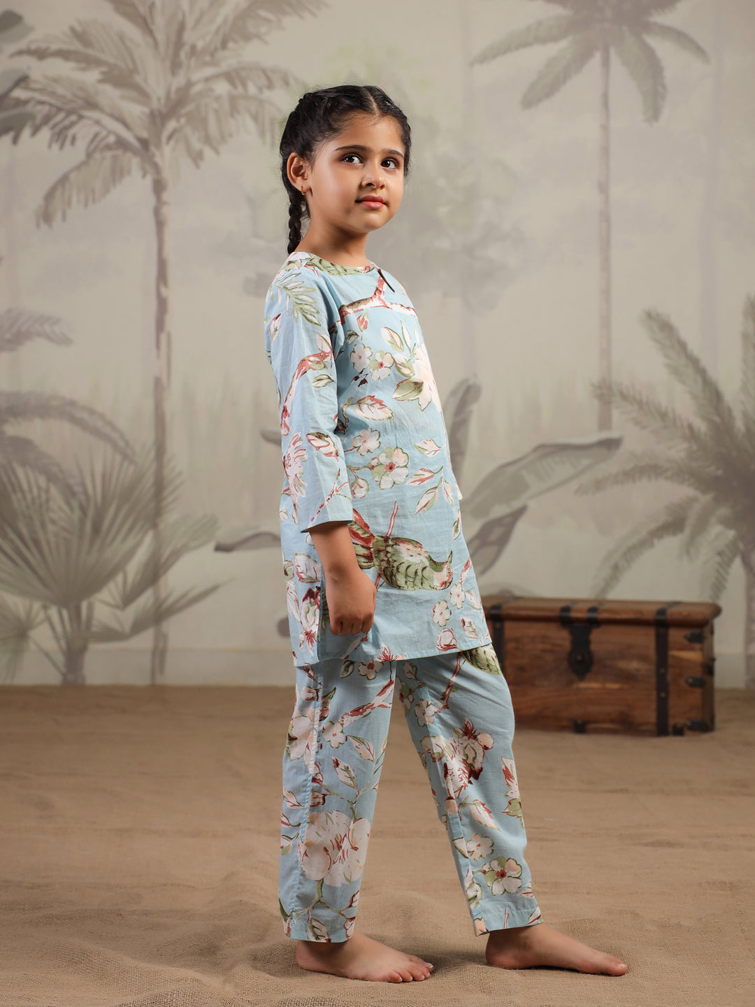 Blue Floral Printed Cotton Night Suit for Kids - SanskrutiHomes 