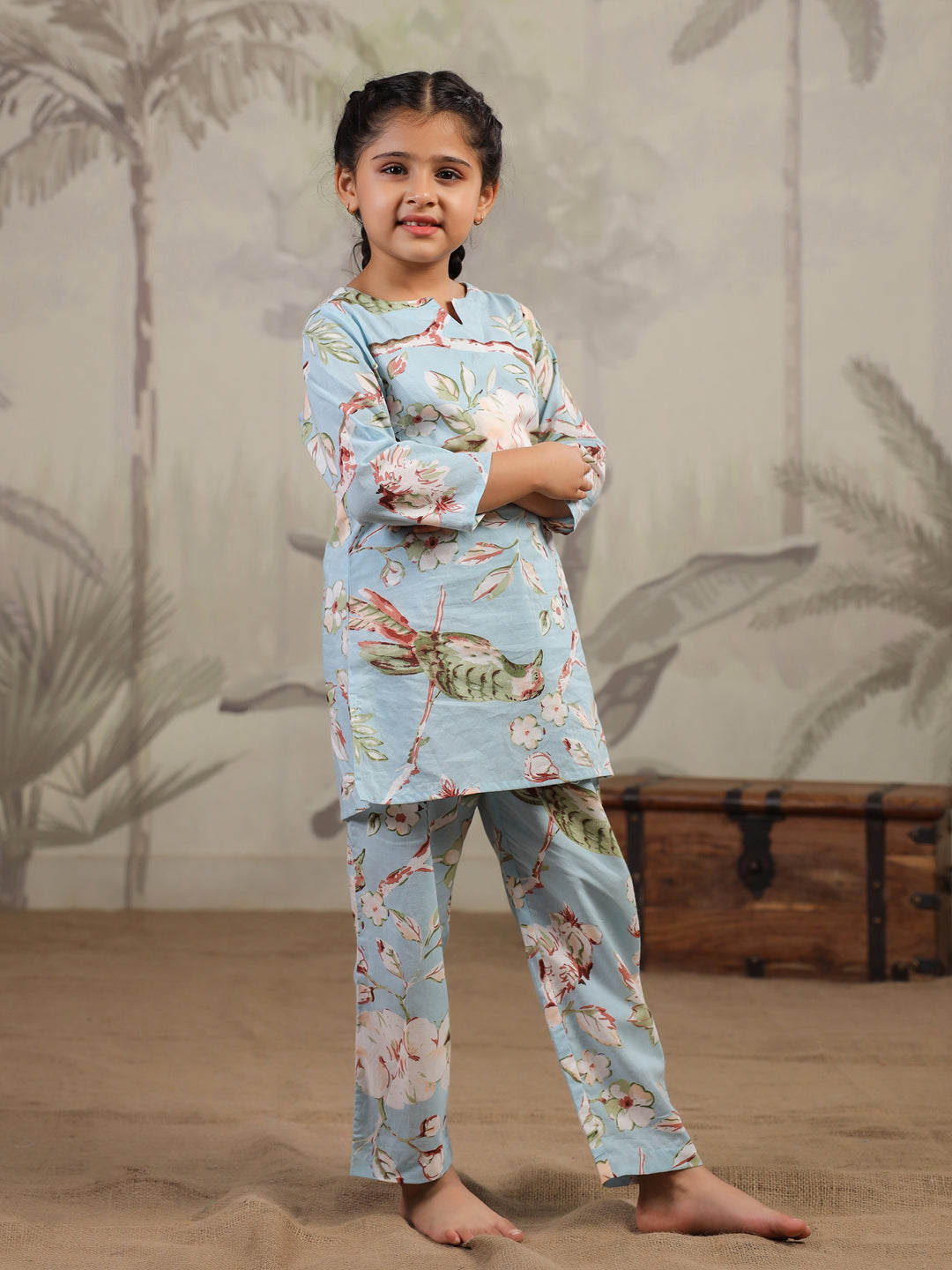 Blue Floral Printed Cotton Night Suit for Kids - SanskrutiHomes 