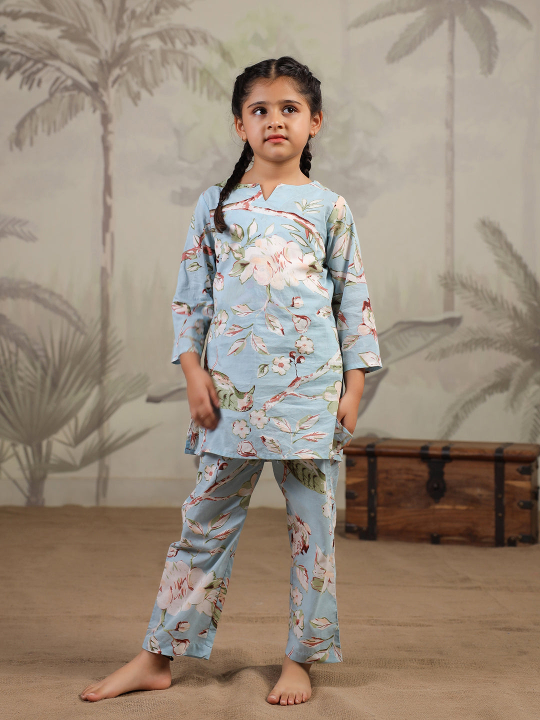 Blue Floral Printed Cotton Night Suit for Kids - SanskrutiHomes 
