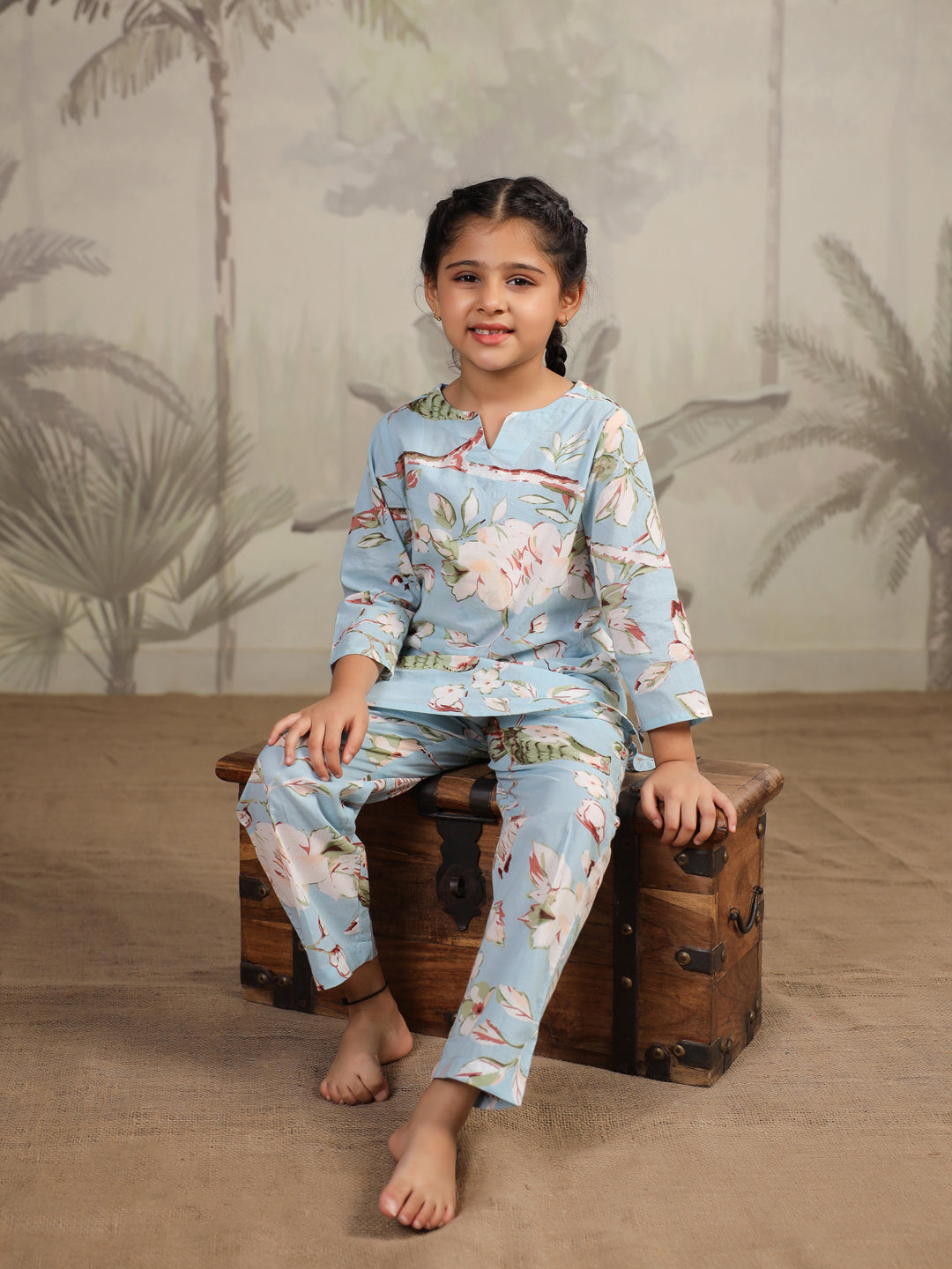 Blue Floral Printed Cotton Night Suit for Kids - SanskrutiHomes 