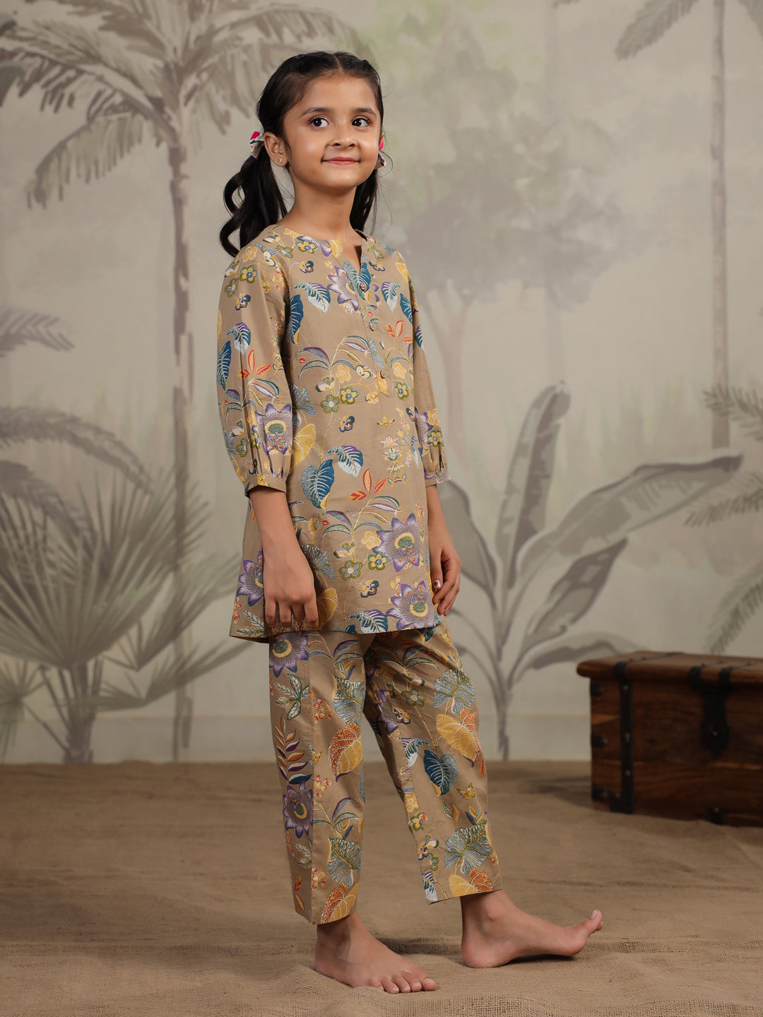 Brown Printed Cotton Night Suit for Kids
