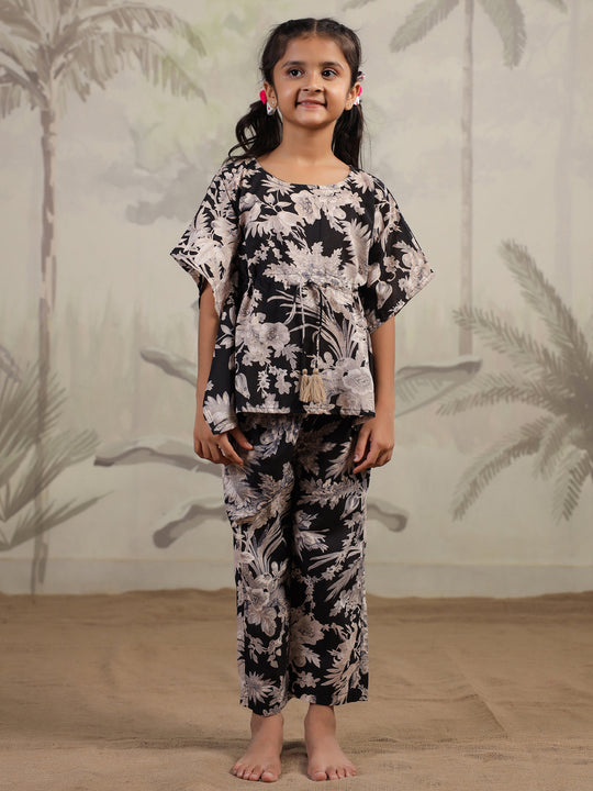 Floral Printed Cotton Kaftan Night Suit for Kids