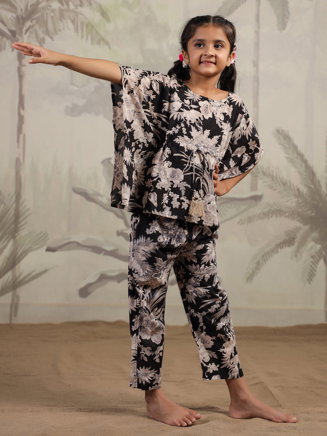 Floral Printed Cotton Kaftan Night Suit for Kids
