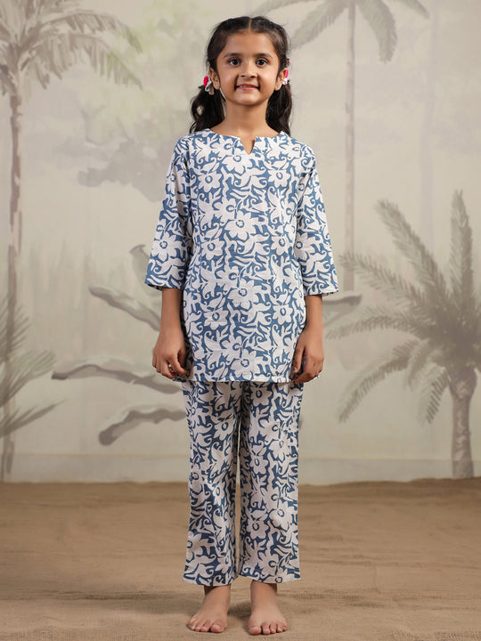 Blue Flower Printed Night Suit for Kids