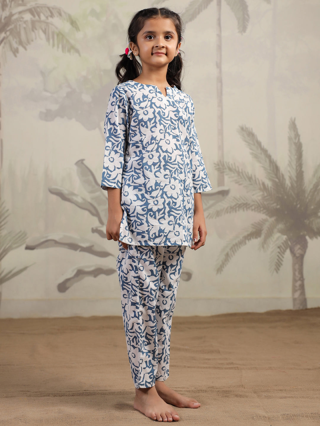 Blue Flower Printed Night Suit for Kids