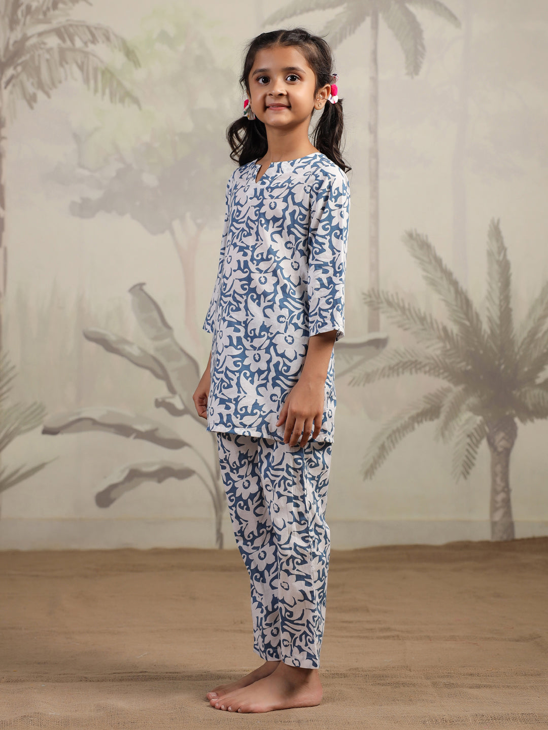 Blue Flower Printed Night Suit for Kids