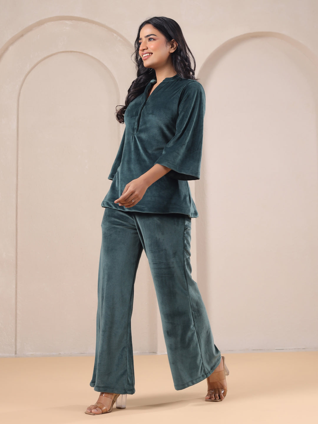 Olive Solid Velvet Night Suit Set - SanskrutiHomes 