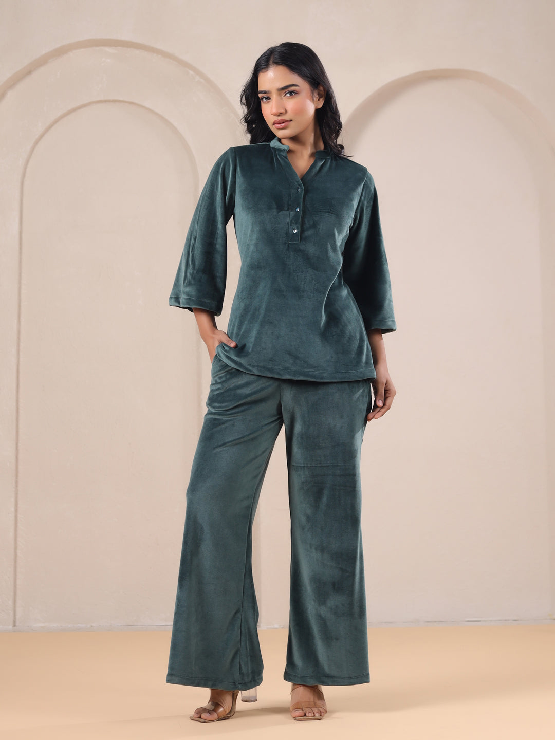 Olive Solid Velvet Night Suit Set - SanskrutiHomes 