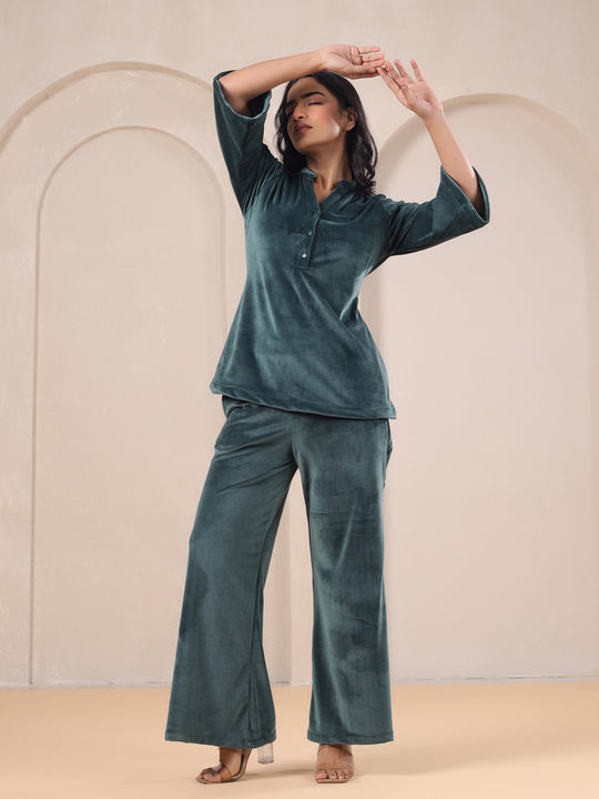Olive Solid Velvet Night Suit Set