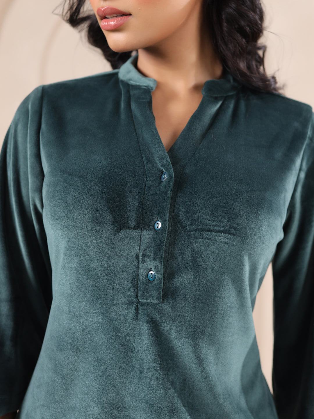 Olive Solid Velvet Night Suit Set
