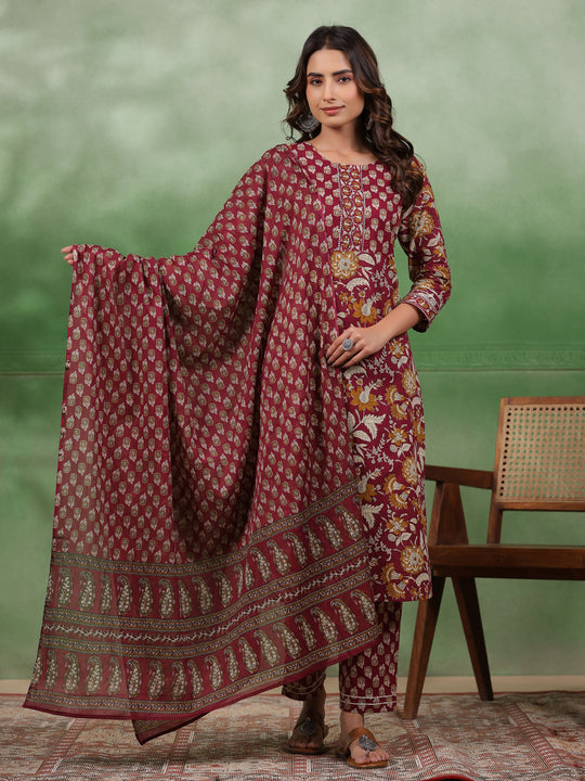 Women set of Pure Cotton 3 pcs Maroon Colour Straight Printed Kurta Sets
