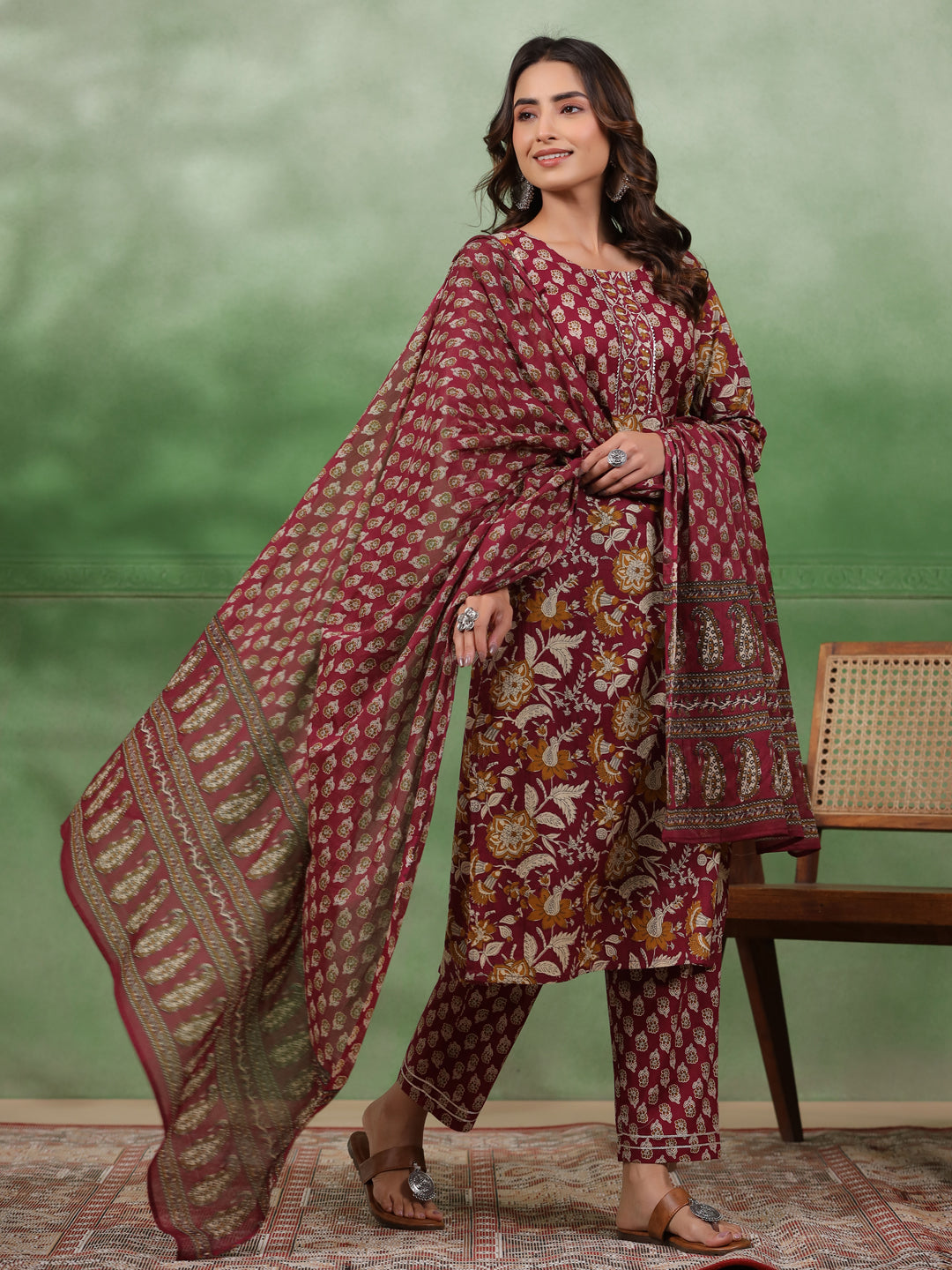 Women set of Pure Cotton 3 pcs Maroon Colour Straight Printed Kurta Sets