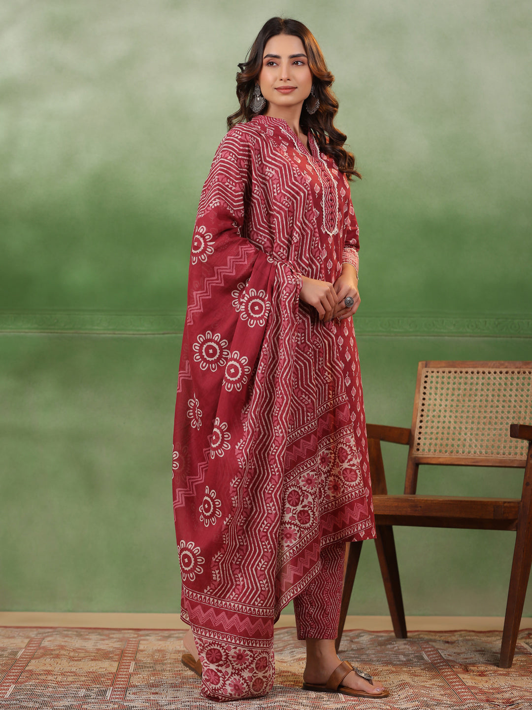 Red Floral Printed Kurta Set With Dupatta